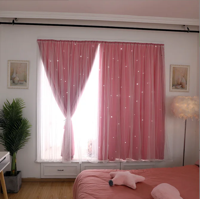 1pcs Pink Star Cutout Double Layer Curtains with Velcro, No-Drill Starry Sheer Curtains for Bedroom & Rental (Rod Not Included)