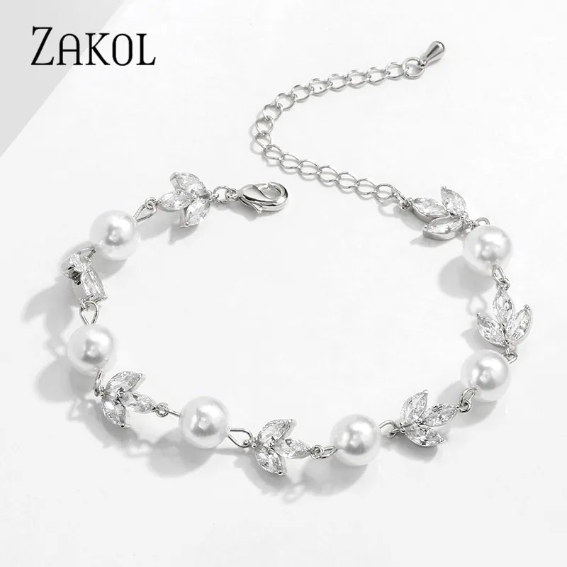 ZAKOL Korea Round Pearls Bracelets for Women Trendy Leaf Zirconia Wedding Engagement Party Jewelry