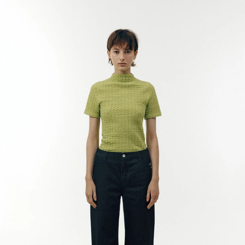 

Korean Sle Commute Wave Texture ort Sve Knitted T-irt Women Slim Fit f High Collar Versatile Casual Cotton Tee