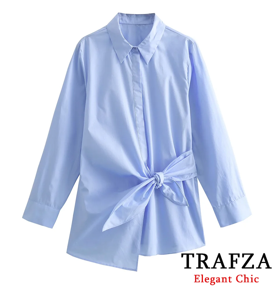 TRAFZA-Women Commuter Lace-Up Shirts Lapel Buttons Poplin Shirt New 2025 Fashion Spring Summer Office Lady Casual Blue Shirts