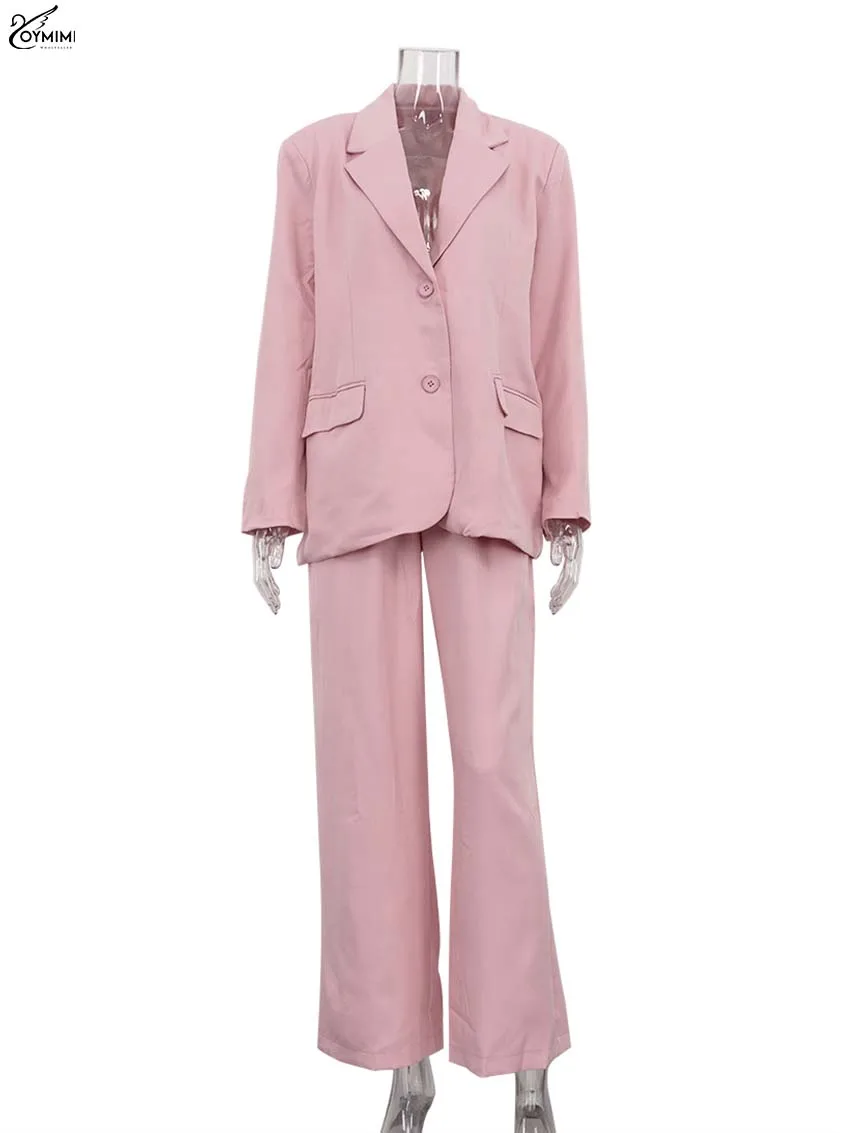 Oymimi Elegant Pink 2 Piece Sets Women Outfit Fashion Long Sleeve Pockets Blazers And High Waisted Simple Straight Trousers Sets