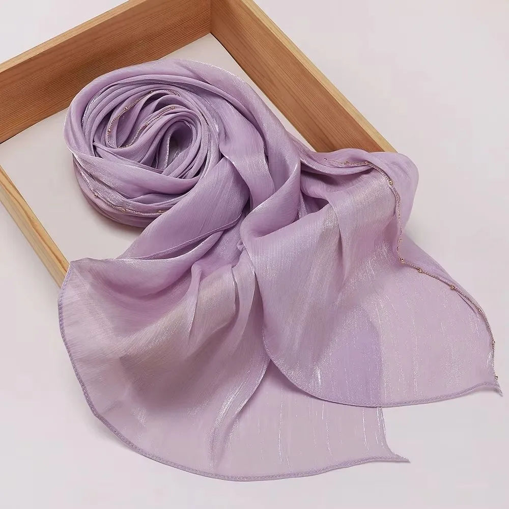 High Qulaity Solid Color Silk Scarf Shining Unilateral golden chain Chiffon Hijab Veil Long Chiffon Sunscreen Headscarf Outdoor view 5