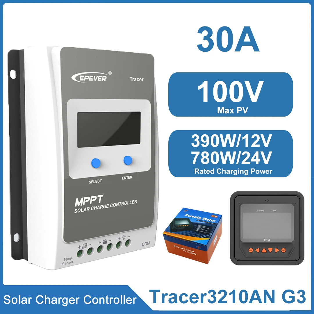 

EPEVER Tracer3210AN G3 With Accessories 30A Solar Charge Controller Battery Voltage Max Solar Panel 100V MPPT Controller