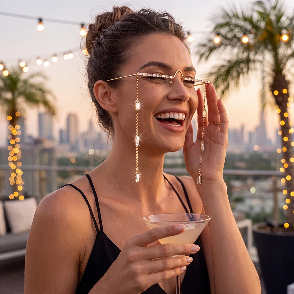 Women Accessories Photos - New Rhinestone Rimless Decor Glasses Tassel