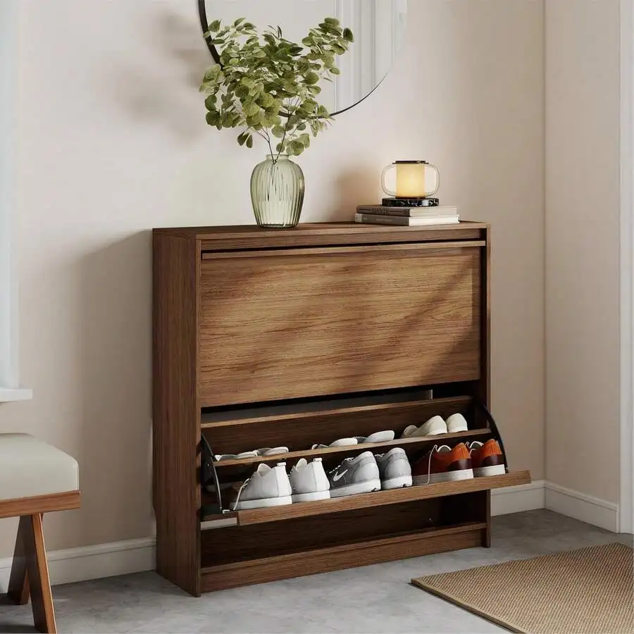 

Modern Narrow Shoe Cabinet With 2 Flip Drawers And Adjustable Shelf Walnut Finish