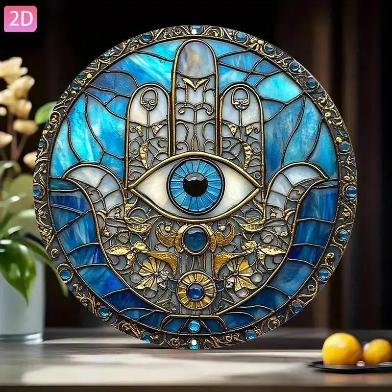 2D flache 1-Hamsa-Handwanddekoration – türkisblaues und goldenes Metall-Amulett mit bösem Augenschutz „Retro-Holzschild“. – Detail 3