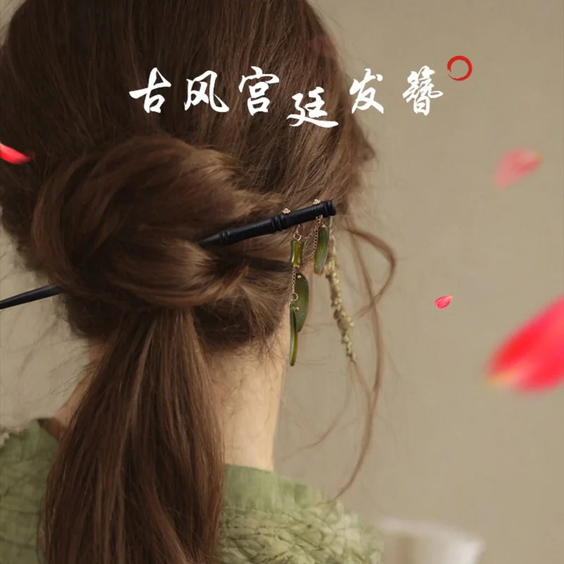 Bamboo Leaf Hair Stick Chinese Han Costume Hairpin Chopstick Vintage Cheongsam Decor Hair Bun Jewelry Simple Tassel Tiaras Gifts