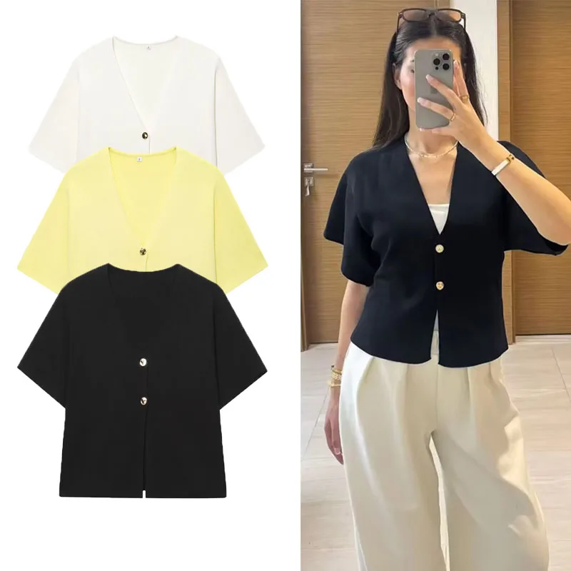 

Summer Cardigan Button Knit Tops For Woman Short-Sleeved Crop Knit Pink Yellow Black Cardigan Street Style Casual Crochet Tops