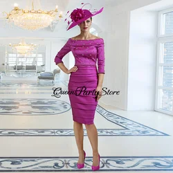 Short Purple Mother of The Bride Dress Boat Neck 3/4 Sleeves Pleat Beading Pearls Sheath Women Wedding Party Dresses Guest Gown