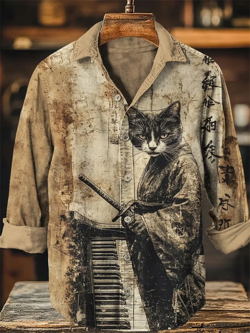 

New retro vintage vintage warrior cat 3D printed pattern men's long sleeved shirt and casual shirt clothing