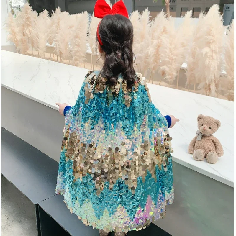 Fashion glitter multicolor sequins shawl shiny girls cloak blingbling fairy princess Cape Christmas party Halloween kids CLO MN1