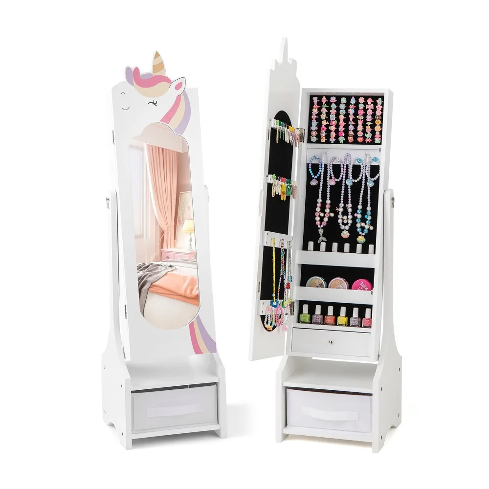 

Kids Jewelry Cabinet w/ Full-Length Mirror 2 Adjustable Tilt Angles Drawer White