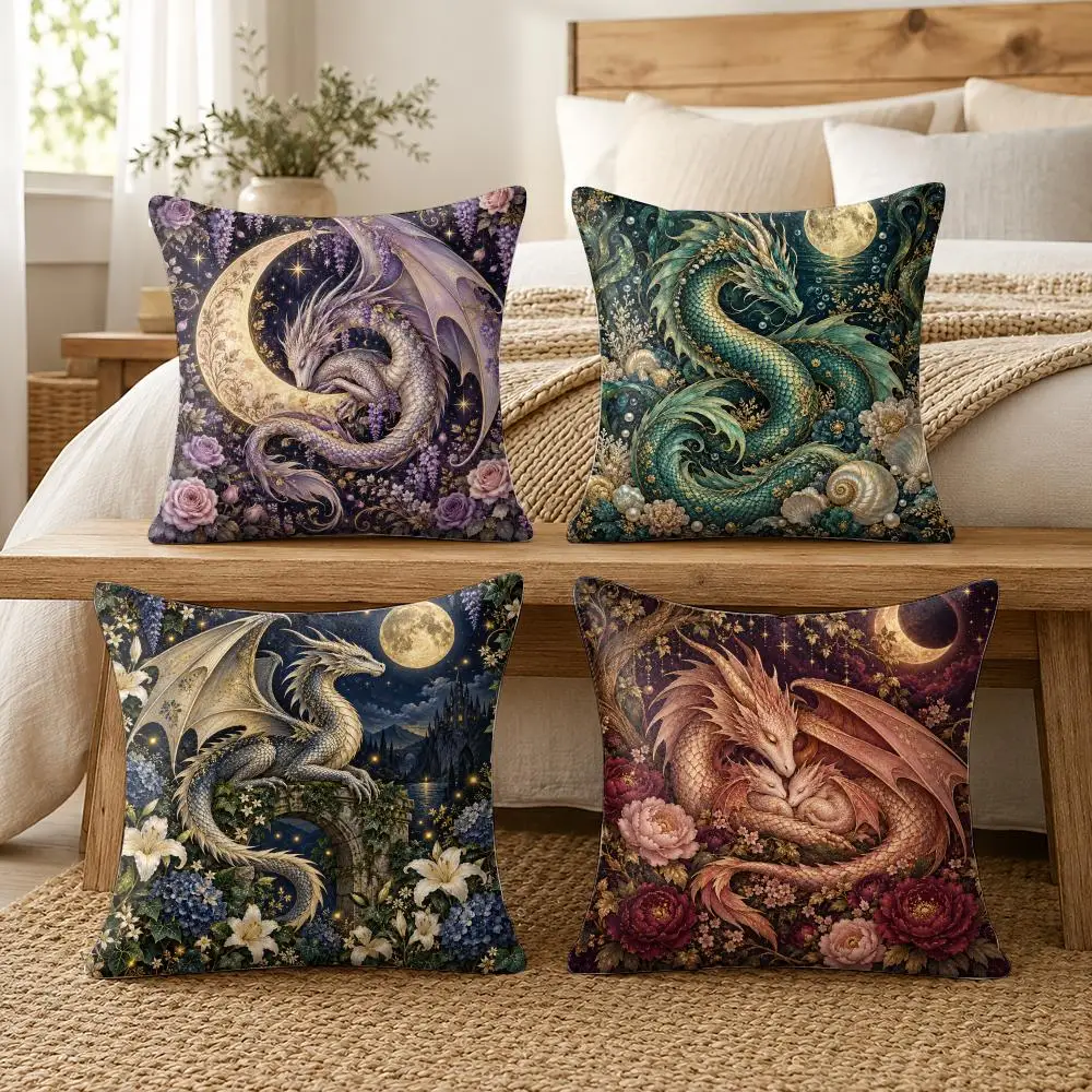 Sleepy Dragon Enchanted Forest Cushion Cover Soft Short Plush Pillow Cases Hidden Zipper Cutecore Sofa Bedroom Home Decor Gift