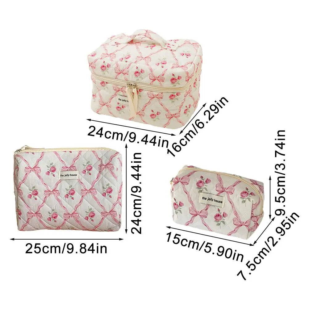 Cute Bow Flower Quilting Cotton Makeup Bag Women Zipper Cosmetic Organizer Female Cloth Handbag Portable Toiletry Case for Girls