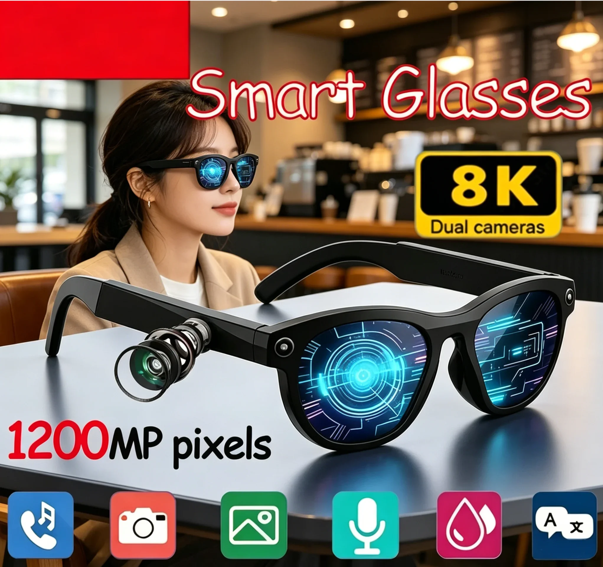 

Color Changing AI Smart Glasses 8K HD Camera Translation Voice Assistant Bluetooth Call