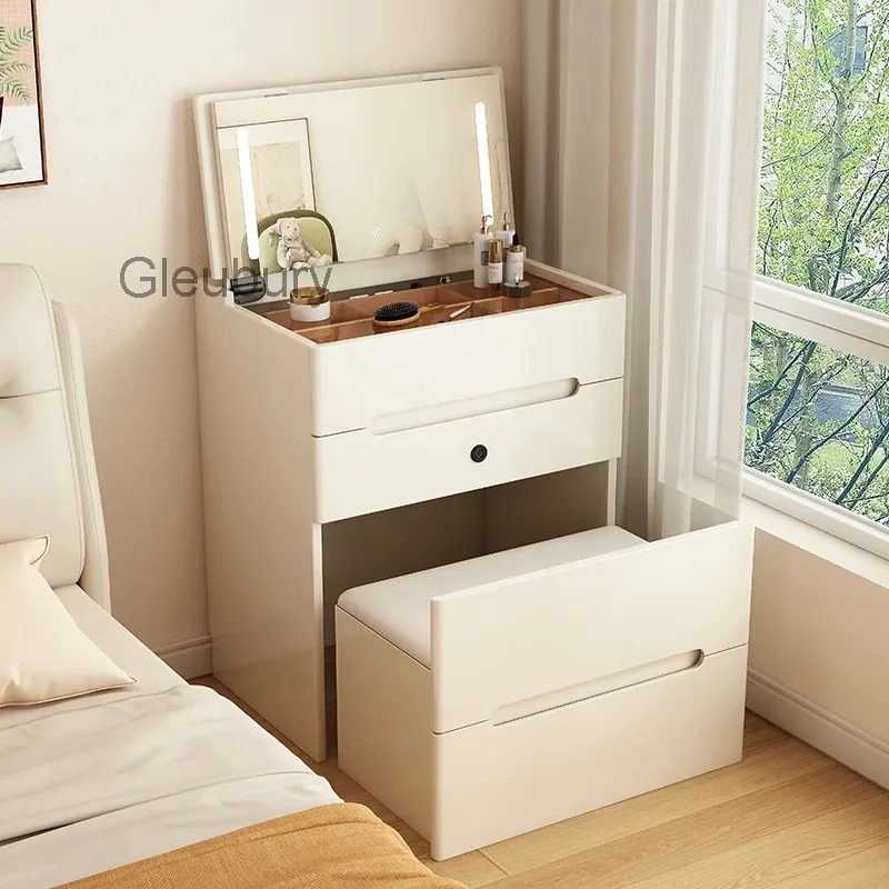 White Solid Wood Flip-Top Vanities Modern with USB Charging & Fingerprint Lock Nightstand Combo Compact Bedroom Decor FYDT