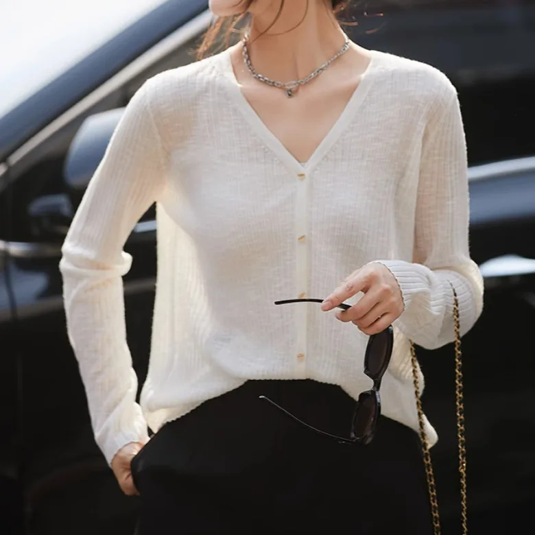 Summer Cool Bamboo Yarn V-neck Ice Silk Air Conditioning Shirt Lightweight Sunshade Knit Cardigan Thin