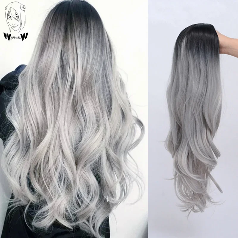 

WHIMSICAL W Synthetic Long Wavy Ombre Wigs Bla Gray Synthetic Wig For Women Party Cosplay Heat Resistant Hair