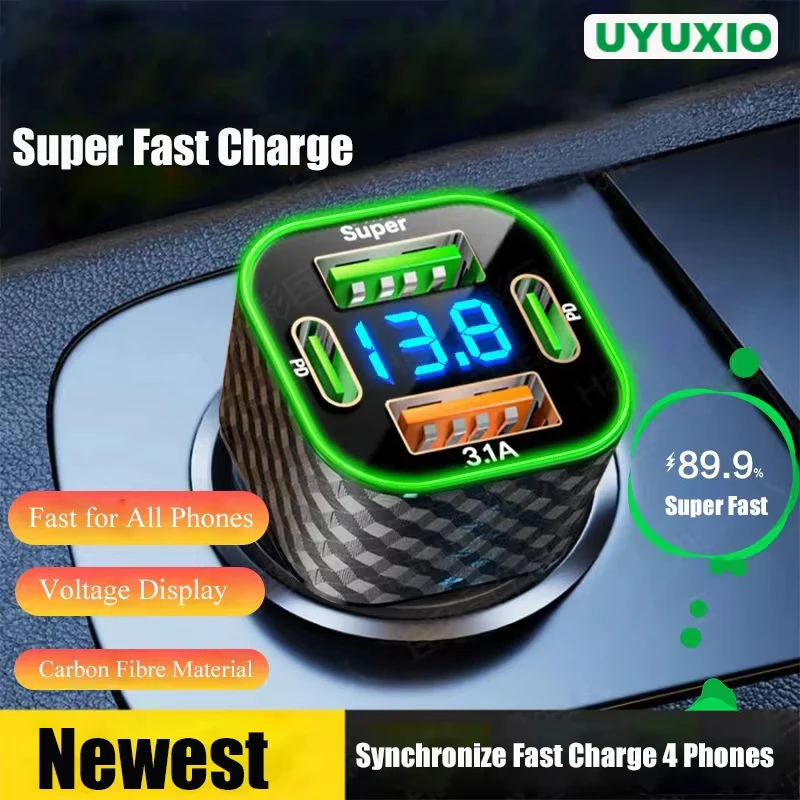 UYUXIO USB C Autotelefon-Ladegerät Dual PD 4 in 1 mit Spannungsanzeige Superschnellladeadapter für iPhone Xiaomi Oppo Vivo Samsung