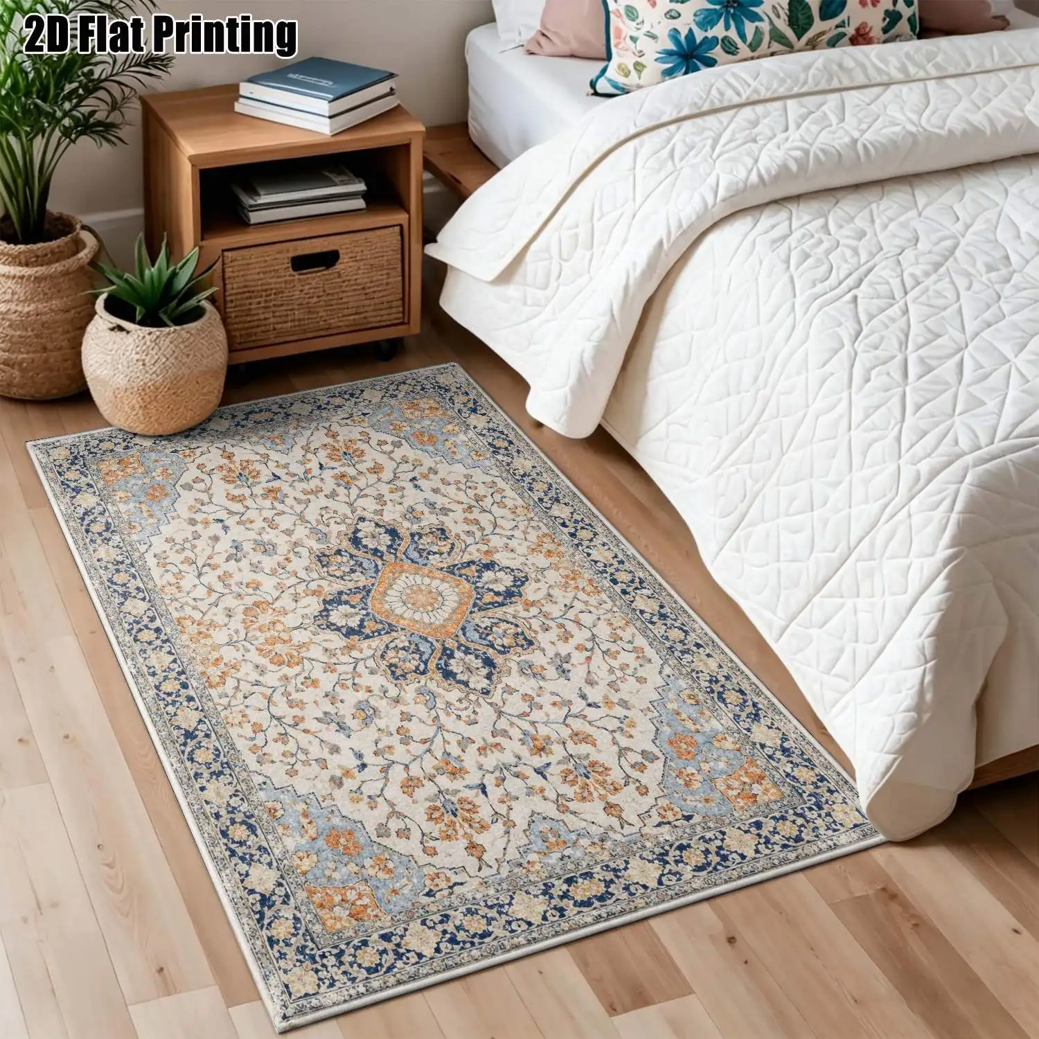 1Pc 2D Printed Carpet: Beige, Blue, Orange Floral & Geometric Patterns European, Vintage, Minimalist, Bohemian Styles, Multi-Size, Machine Washable, for Entrance, Dining, Foyer, Bedroom, Living Room.