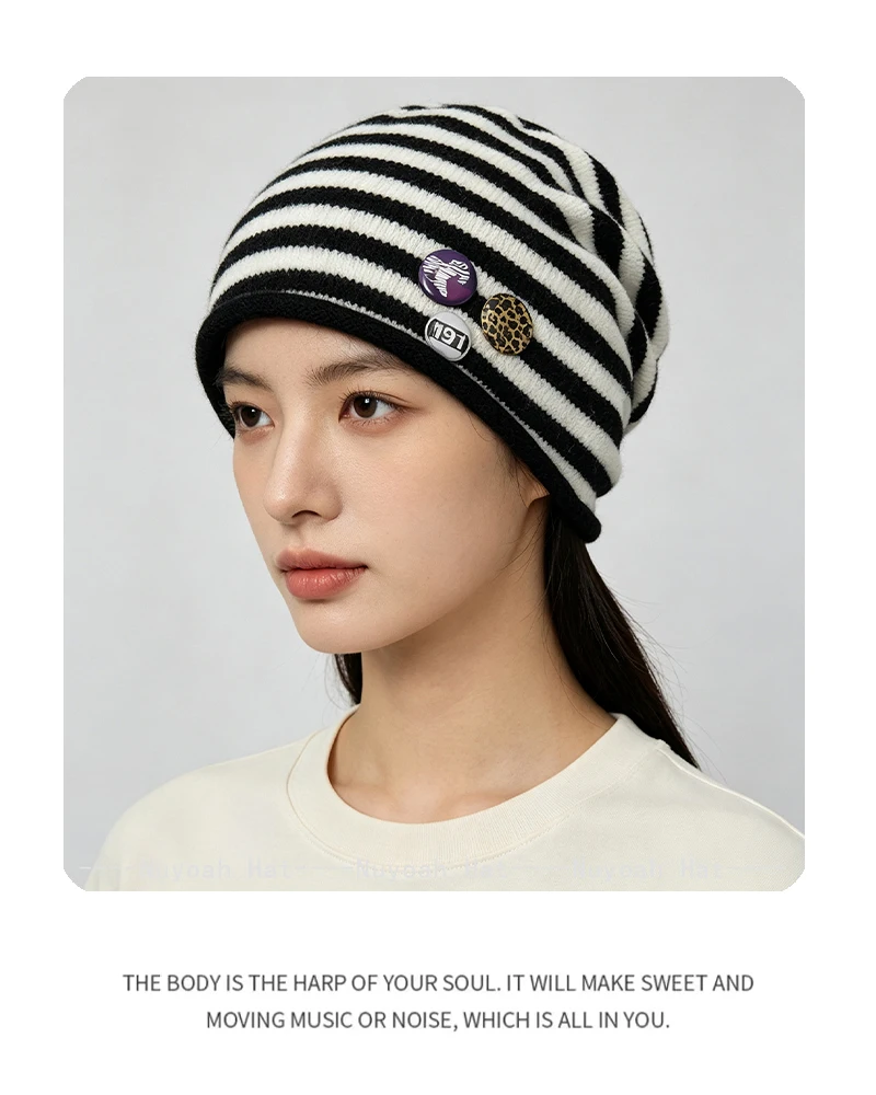Neue Retro-Strickmützen für Damen und Herren im koreanischen Stil mit gestreiftem Abzeichen, locker geschnitten, warm, vielseitig, modisch, Farbblock-Design, für den Außenbereich – Detail 6