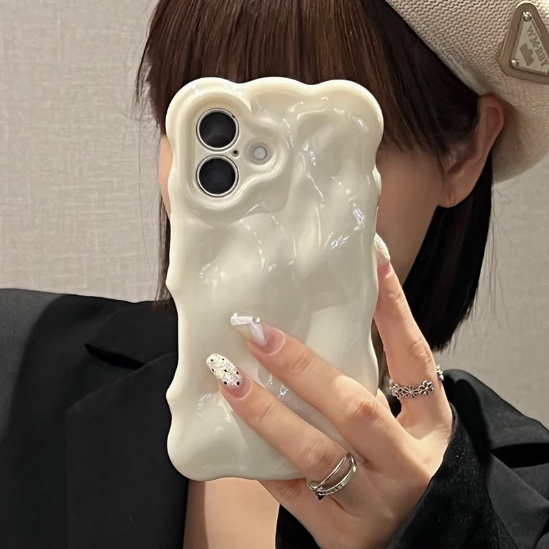 Ins Fashion White 3D Wave Texture Phone Case For iPhone 17 Air 16 15 13 14 12 11 Pro Max 16 Plus Soft Silicone Back Cover Cases