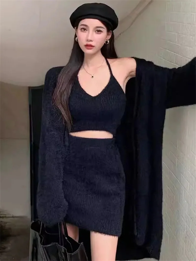 طقم سترة من ثلاث قطع للنساء ، تنورة نصف حمالة ، طراز كسول ، فتاة جذابة ، ملابس خارجية ، خريف ، شتاء #4