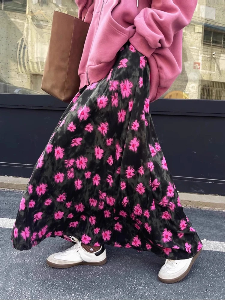 

Vintage Flower Printing Skirt For Women 2025 Faldas Mujer De Moda High Waist A-line Pleated Jupe Fashion Loose Sweet Long Skirts
