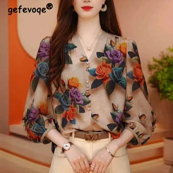 Women Summer Vintage Floral Print Blouses Korean Fashion V Neck 3/4 Sleeve Elegant Shirts Female Casual Ruffled Loose Chic Tops