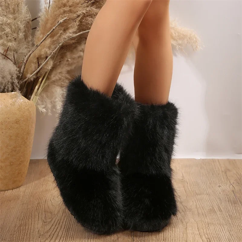 

New Comfort Women's Winter Snow Boots Outdoor Luxury Furry Faux Fox Fur Boots Woman Plush Warm Platform Shoes New Fashion Bottes