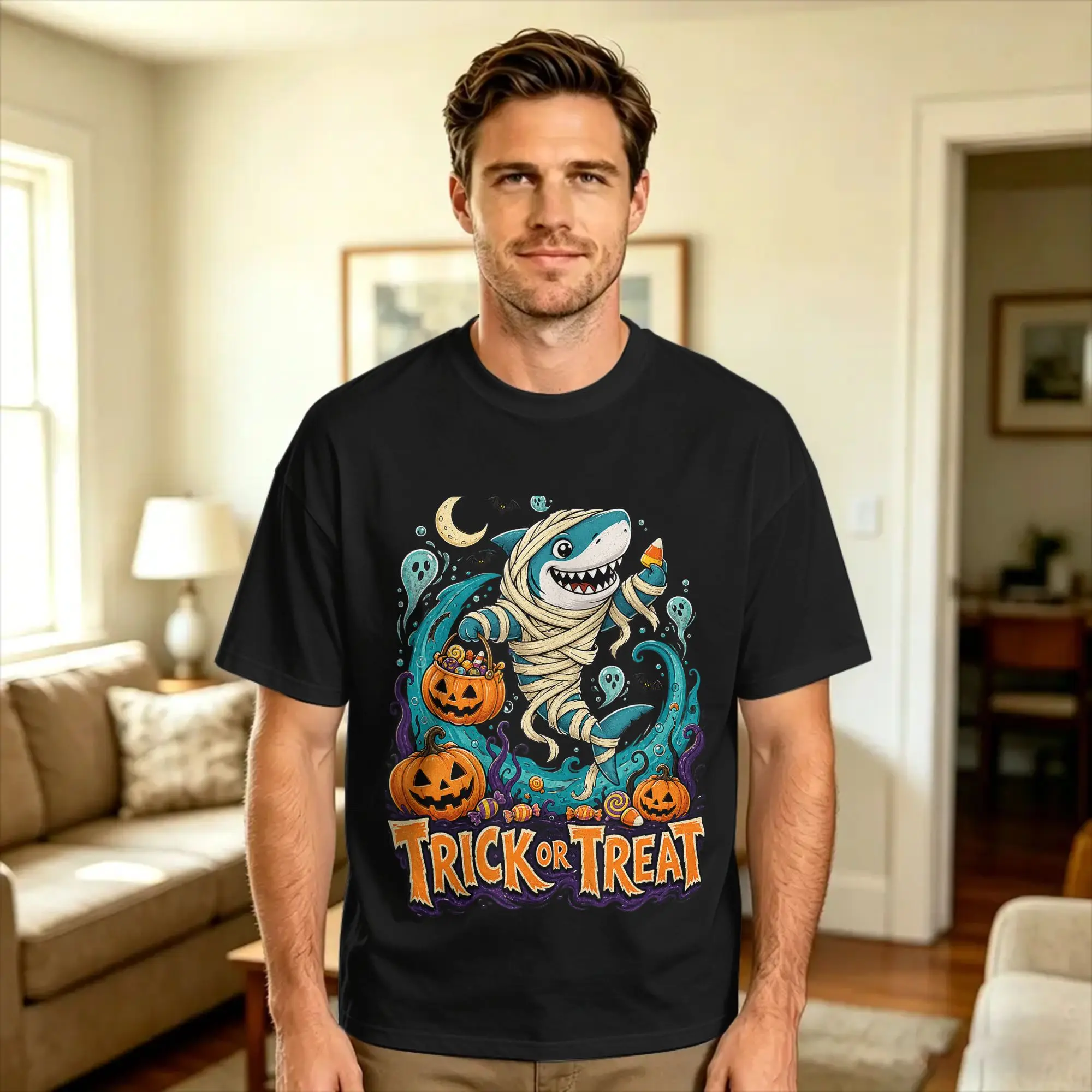 Vintage T-Shirt Summer Cute Mummy Shark Trick or Treat Halloween Ocean Spooky Hipster T Shirts  100% Cotton Tee Shirt for Man