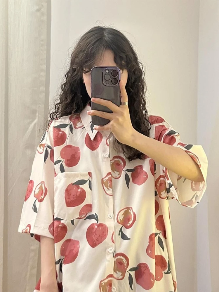 ADAgirl Japan Style Honey Peach Print Beach Wear Cardigan Cover Ups Blouse Femme Summer Oversize T-shirt Casual Tops Clothes