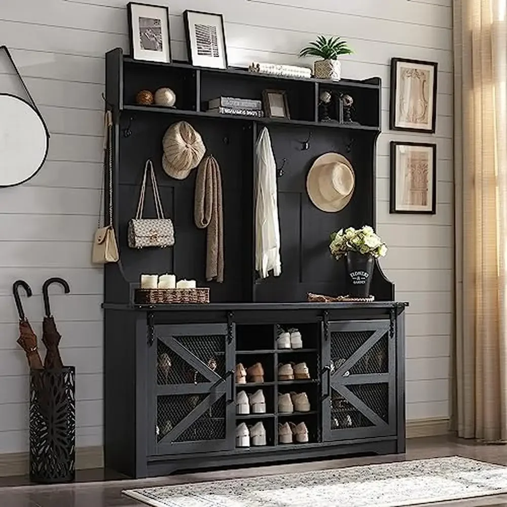 Entryway Hall Tree Coat Rack Shoe Storage Bench Cubbies Hooks Farmhouse Style Durable Wood Metal Stand Black