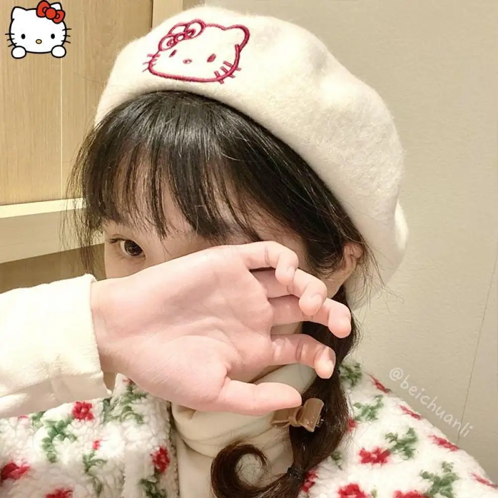 Kawaii Hello Kitty Berets Plush Hat Sanrioed Anime Melody Women Autumn Winter Cartoon Embroidery Woolen Cute Girl Festival Gift