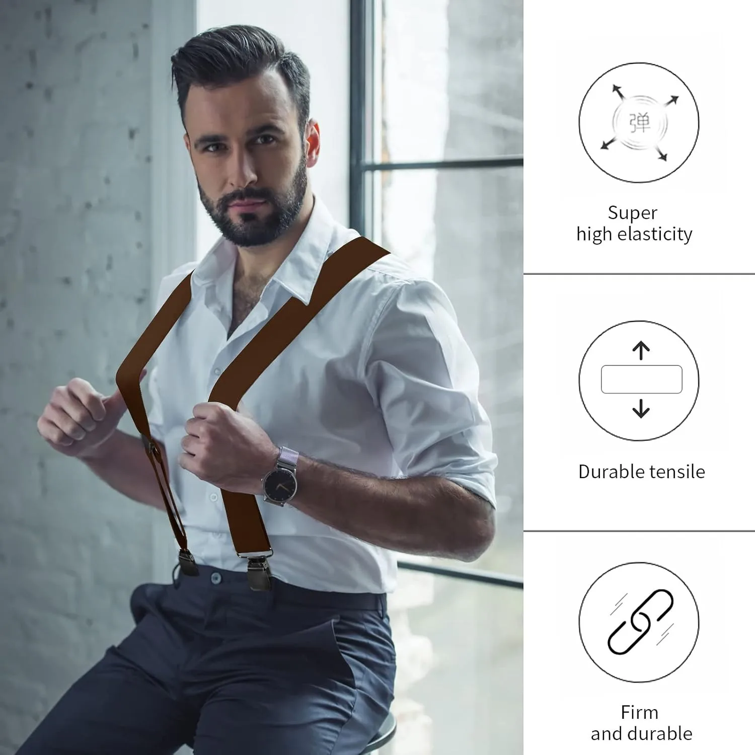 Hosenträger für Herren, Hosenträger mit starken 5,1 cm breiten, 4 Clips, robust, für Herren, hochelastisch, verstellbare Hosenträger im X-Stil – Detail 14