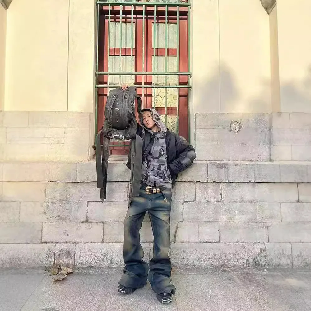 هاي ستريت RO جان السراويل الرجالية خمر التدرج الأزرق البني غسلها البوق واسعة الساقين تبدو سليم ممسحة الطابق التجاعيد الدنيم بانت