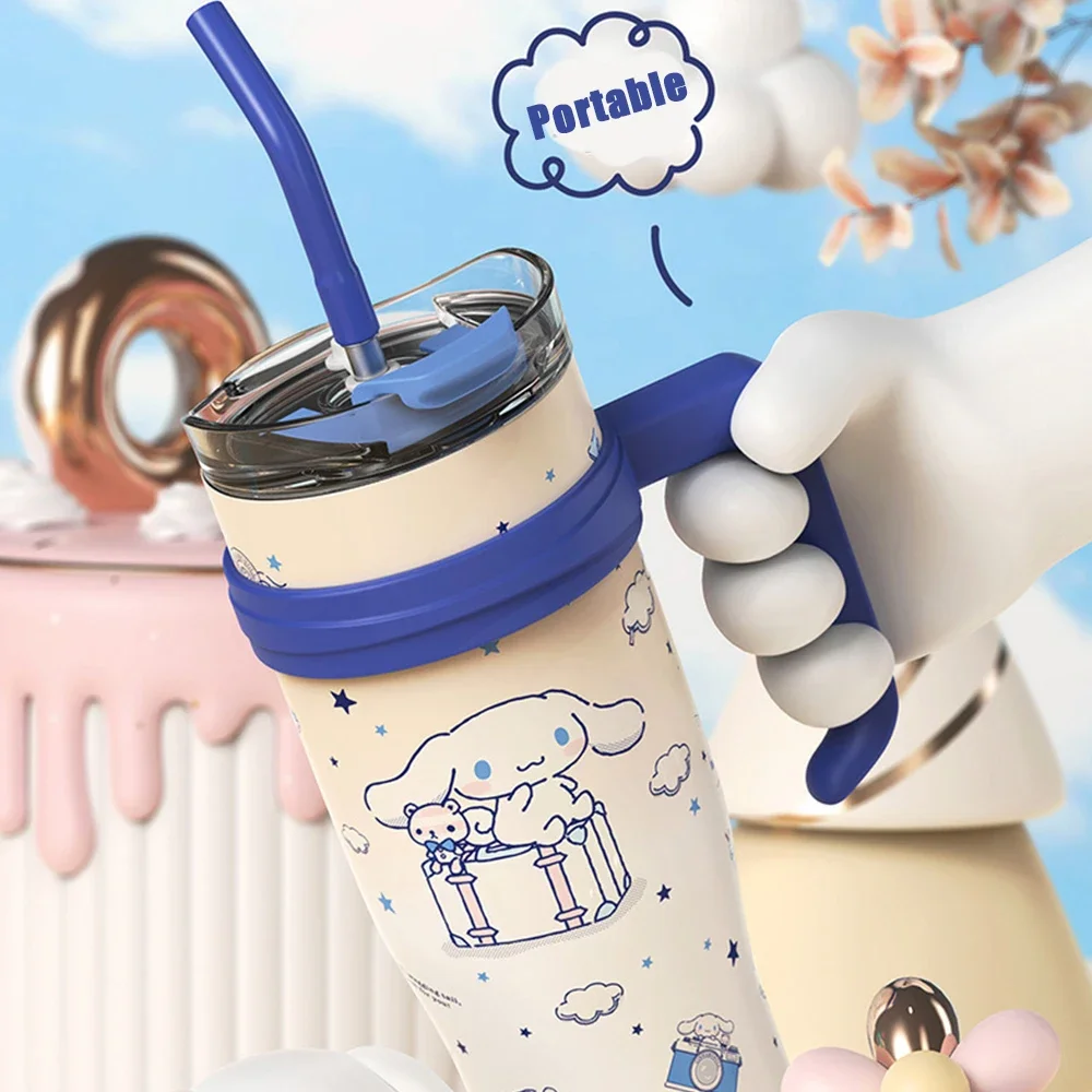 1200ml Sanrio Thermos Bottle Cold Ice Cute Hello Kitty Kuromi Cinnamoroll Melody Stainless Steel Water Bottle Tumbler Straw Gift