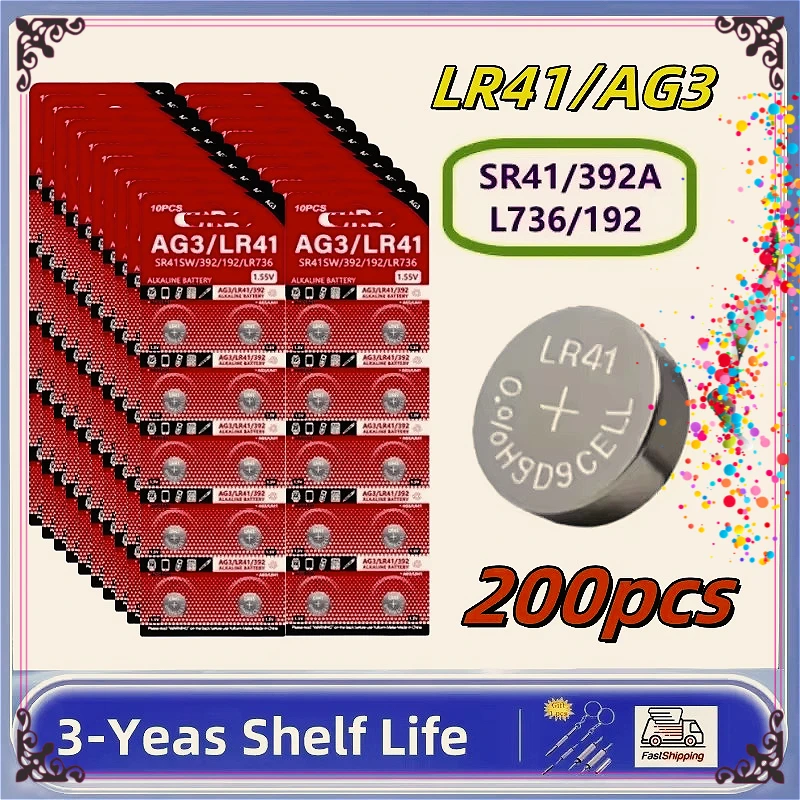 

Hot 200pcs AG3 1.55V High Performance Alkaline Button Battery 192 LR41 SR41SW L736 Coin Cell Button Batteries For Watches Toys