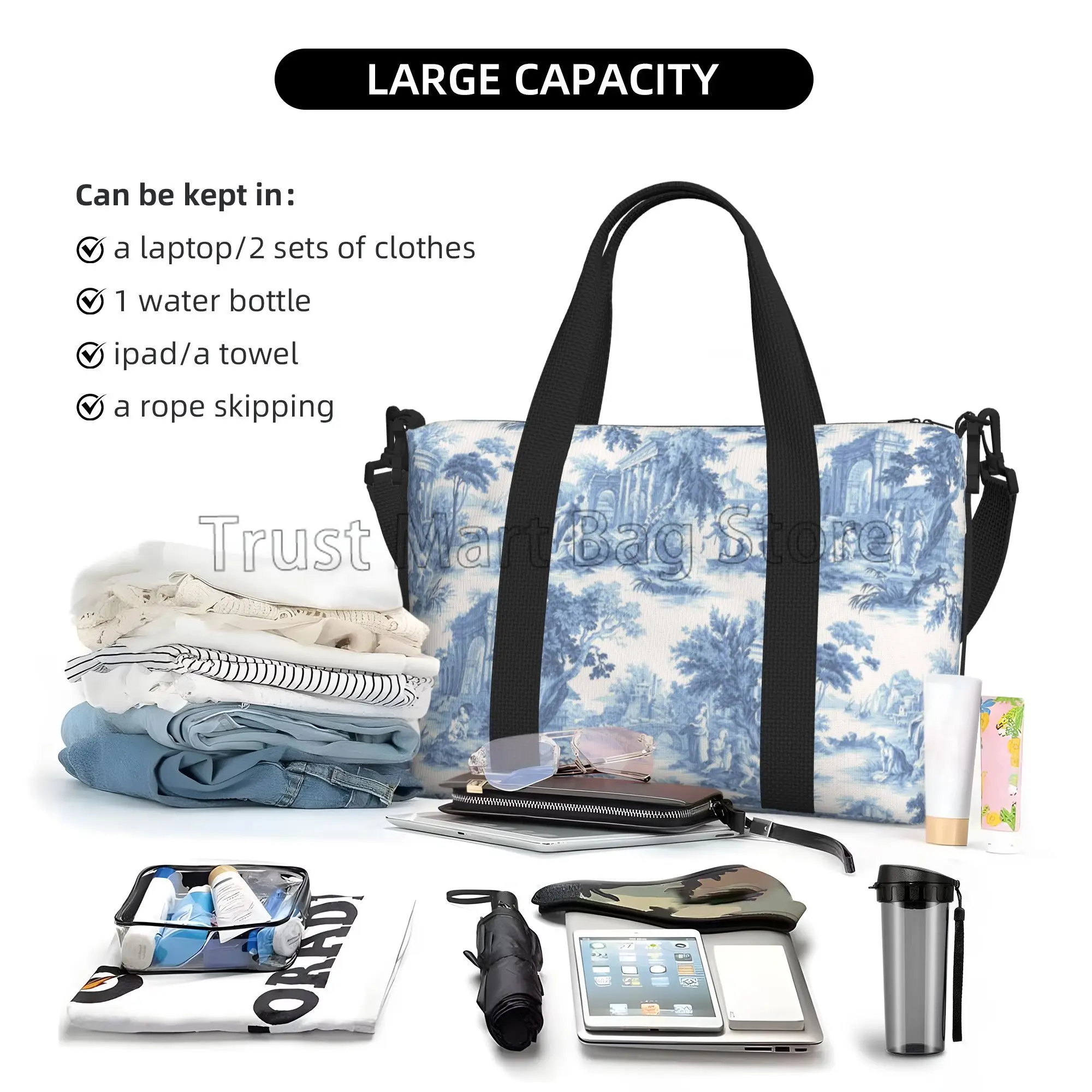 French Toile De Jouy Travel Bag Unisex Multipurpose Waterproof Duffel Bag Overnight Weekender Luggage Bags Sports Gym Yoga Bag