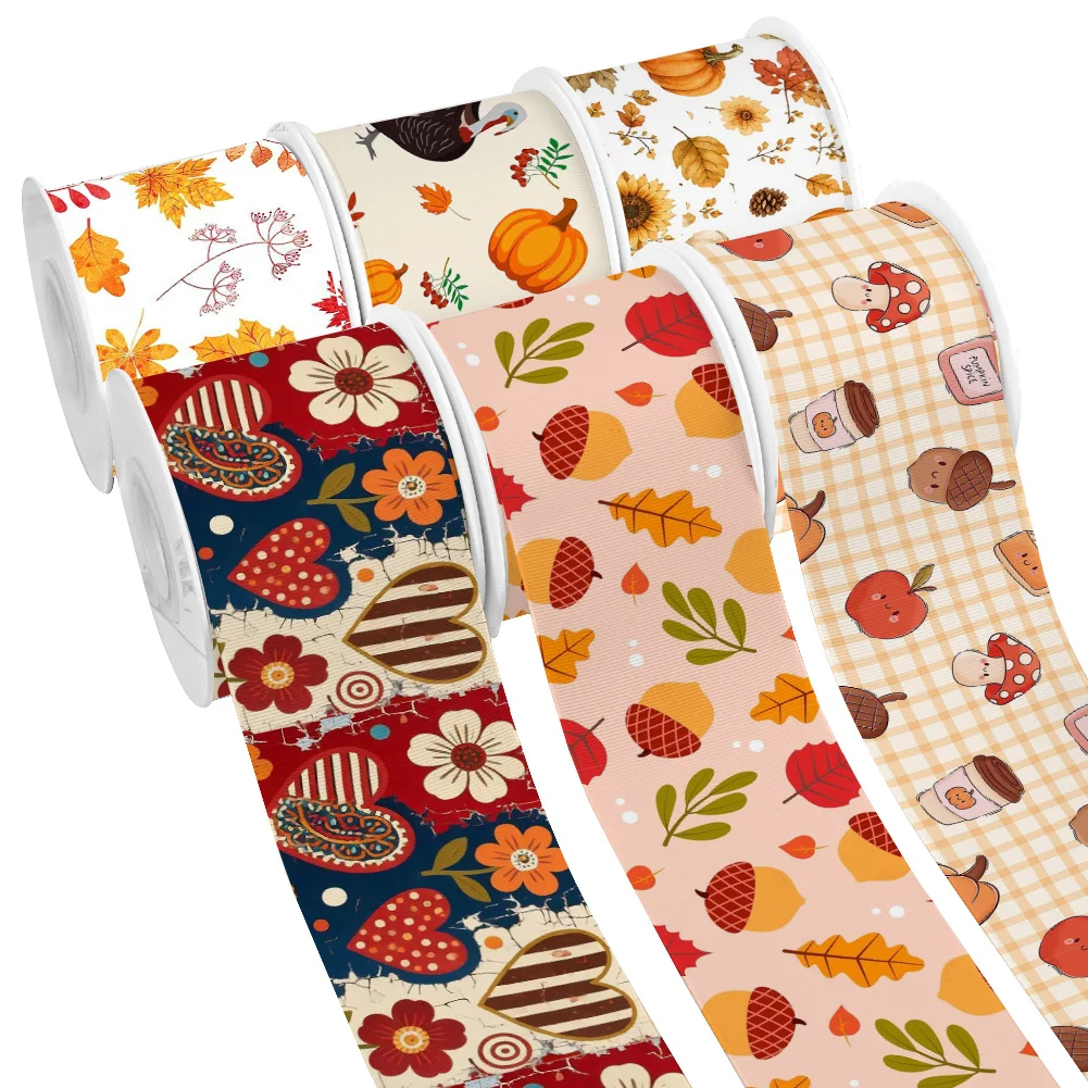 Autumn Fallen Leaves Flowers 5yards Printed Grosgrain Ribbon for Cheer Bows DIY Girl Headwear Hair Bows Satin Ribbon