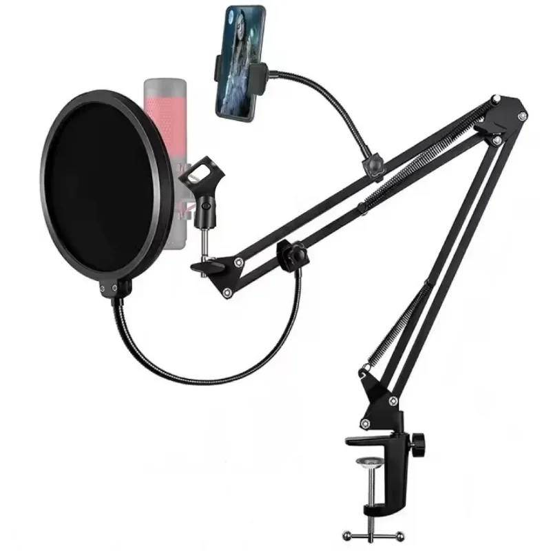 

Adjustable Suspension Mic Boom Arm Stand Microphone Scissors Clamp with Phone Holder for Professional Streaming