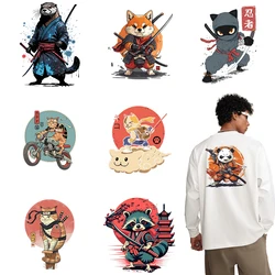 Japanese Samurai Cat Heat Transfer Printed Stickers Cute Animal Iron On Stickers Creative DTF Vinyl Stripes for Clothing DIY