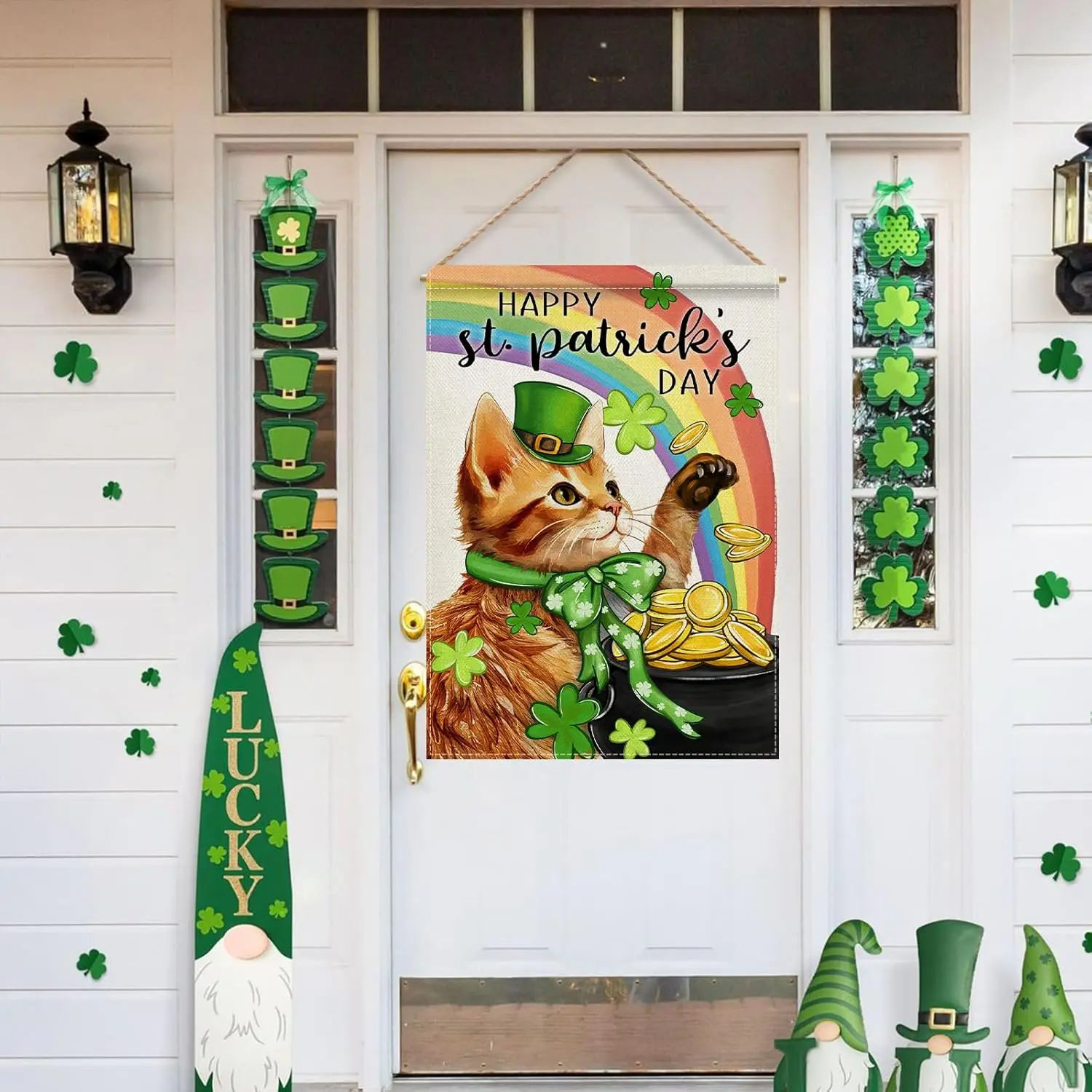 Dyrenson Happy St Patricks Day Orange Cat 28 x 40 House Flag Double Sided, Pet Rainbow Pot of Gold Garden Yard Decoration, S ZZM
