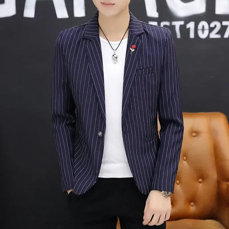 Jacket for Men Blue Striped Thin Slim Fit Coats Fashion 2024 Fashionable Man Suits and Blazers Luxury Designer Classic Elegant