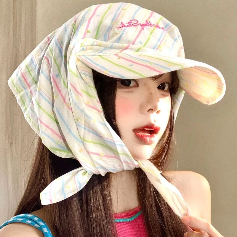 

Korean Version Color Stripe Strap Triangle Headscarf Hat Women's Summer Outdoor Shade Niche Personality Plaid Baseball Caps