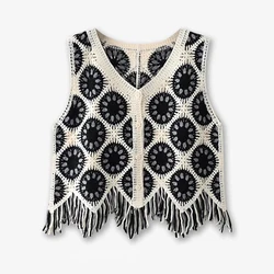 Granny Square Crochet Vest Top Button-up Sleeveless Sheer Open-knit Crop Waistcoat for Women Teen-girl Vacation Beach Outfit
