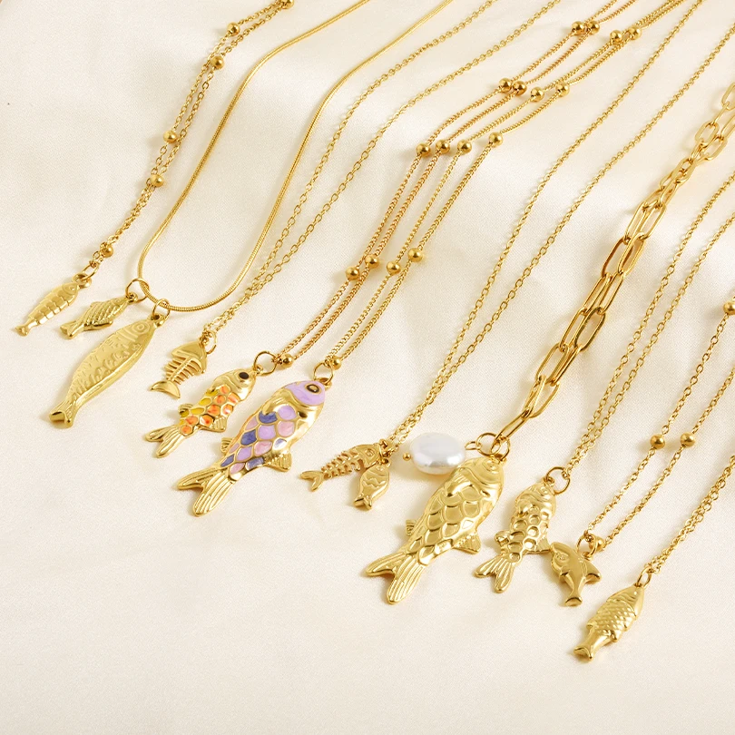 Gold Color Stainless Steel Round Bead/Snake Chains Small Fish Collar Jewelry Shark Fishtail Vary In Size Sea Animal Choker Gift