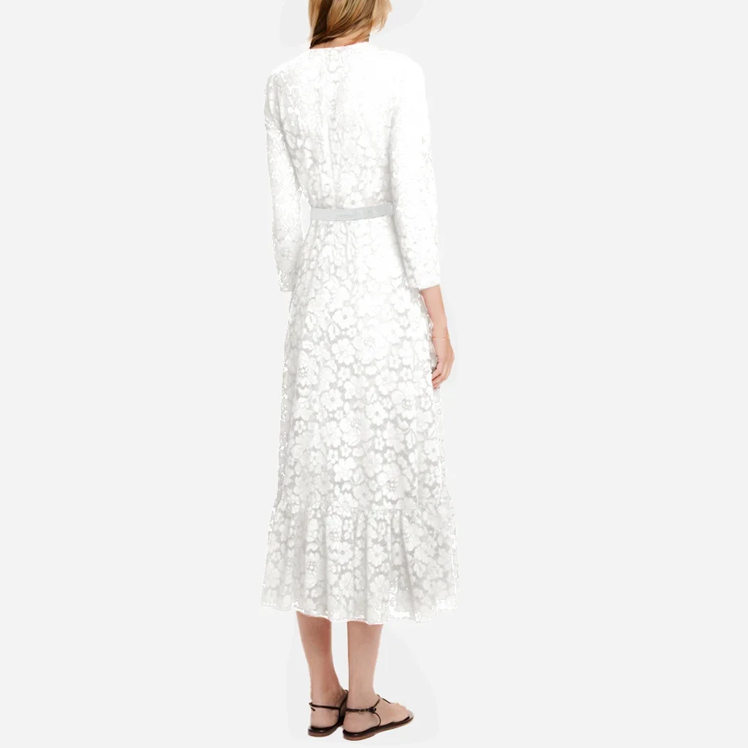 2025 Women Dress Long Sleeve Party Dresses Lace Hollow Out Long Dress Elegant Zipper Belt Design A Line Casual Female Dress