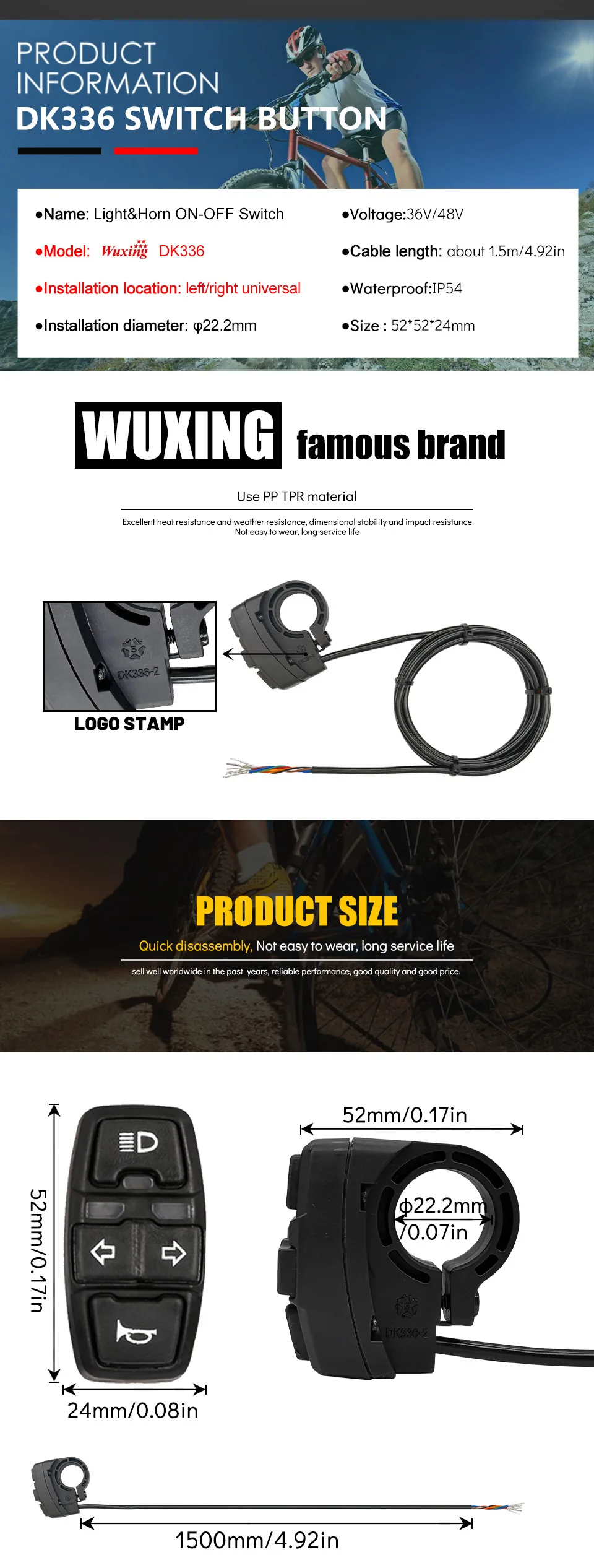 Elektrische Fahrrad Roller Licht Schalter Ebike Lampe und Hupe Schalter für Motorrad Taste Kann Blinker Licht 36V/48V DK336 – Detail 2