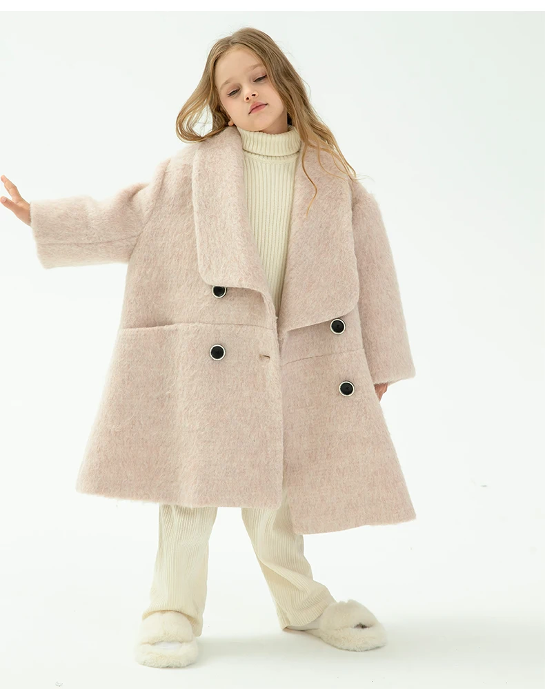 Autumn Winter Wool Girls' Coat Medium Long Children Coat Cashmere Large Lapel Double Breasted Temperament Clothing to Keep Warm